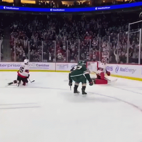 A Hockey Game Is Being Played In A Stadium With Advertisements For Canidas And Xcel Energy GIF