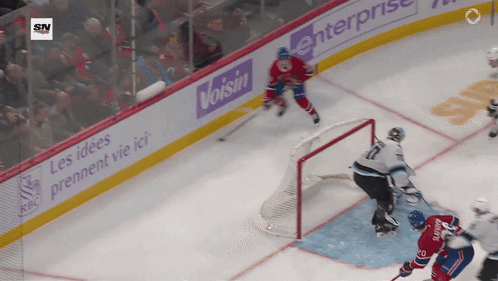 A Hockey Game Is Being Played In Front Of A Banner For Voisin Enterprise GIF