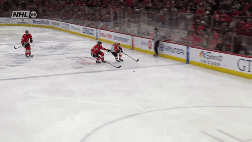 A Hockey Game Is Being Played In Front Of A Crowd With Nhl On The Screen GIF