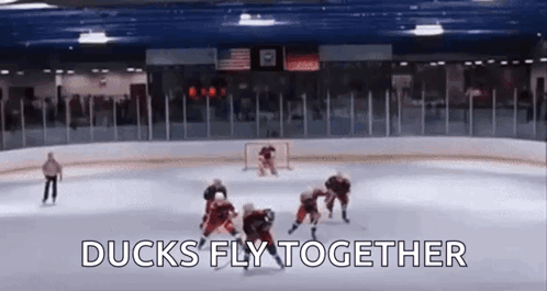 A Hockey Game Is Being Played On A Rink With The Words Ducks Fly Together Written On The Ice . GIF