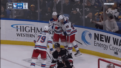 A Hockey Game Is Being Played With Advertisements For Highmark Western And New York Energy Corporation GIF