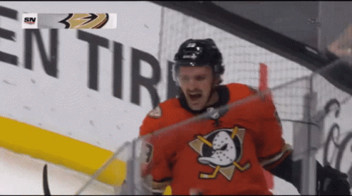 A Hockey Player Celebrates A Goal In Front Of An Advertisement For Entire Tire GIF