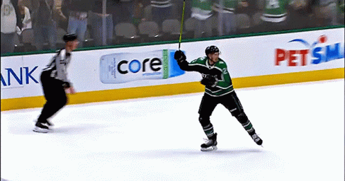 A Hockey Player Celebrates A Goal In Front Of An Advertisement For Petsmart GIF