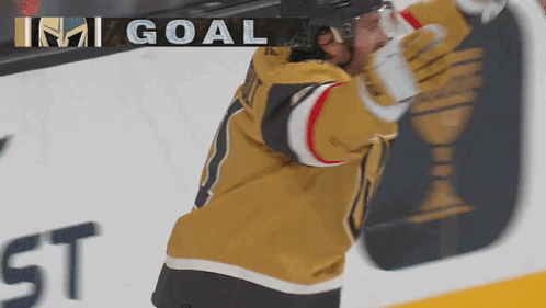A Hockey Player Celebrates A Goal In Front Of An Advertisement For St GIF