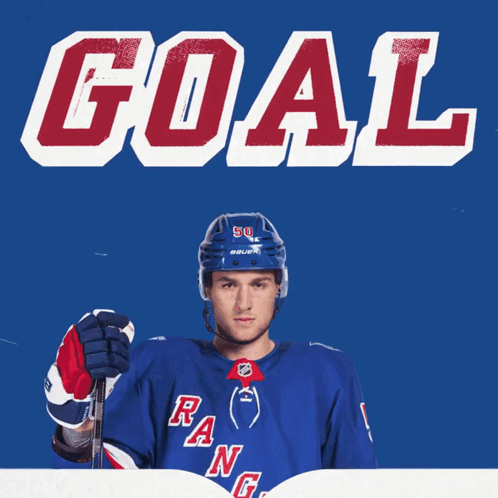 A Hockey Player For The New York Rangers Points To The Goal GIF