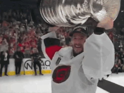 A Hockey Player Holds A Trophy Over His Head In Front Of A Crowd GIF