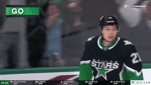 A Hockey Player In A Dallas Stars Jersey Stands On The Ice GIF