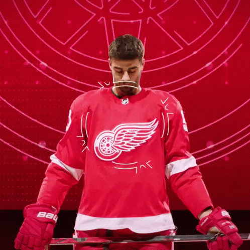 A Hockey Player In A Red Jersey And Gloves With The Letter B On The Gloves GIF