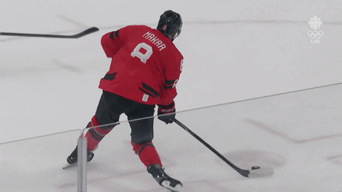 a hockey player in a red jersey with the number 8 on it