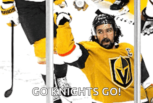 A Hockey Player In A Yellow Jersey With The Words Go Knights Go On The Bottom GIF