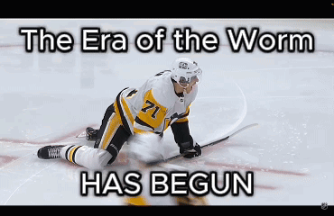 A Hockey Player Is Kneeling On The Ice With The Words The Era Of The Worm Has Begun Above Him GIF
