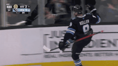 A Hockey Player Named Keller Is Holding A Hockey Stick GIF