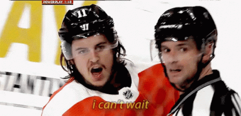 A Hockey Player Says I Can 'T Wait Next To Another Player GIF