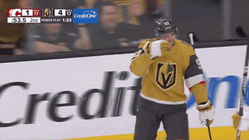 A Hockey Player Stands In Front Of A Credit One Sign GIF