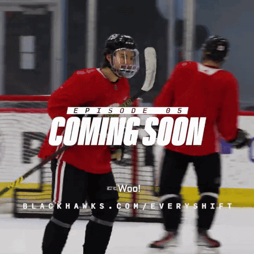 A Hockey Player Stands On The Ice With The Words Coming Soon Behind Him GIF