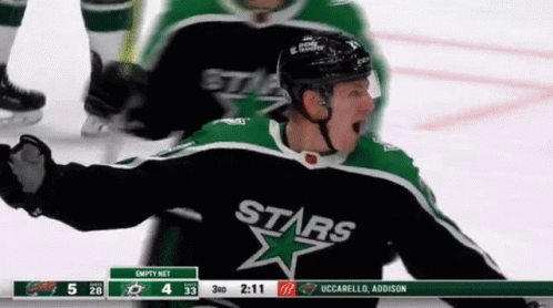A Hockey Player Wearing A Green And Black Stars Jersey GIF