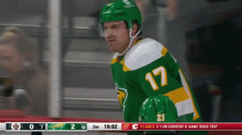 A Hockey Player Wearing A Green Jersey With The Number 17 GIF
