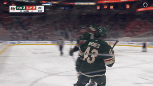 A Hockey Player Wearing A Green Jersey With The Number 43 On It GIF