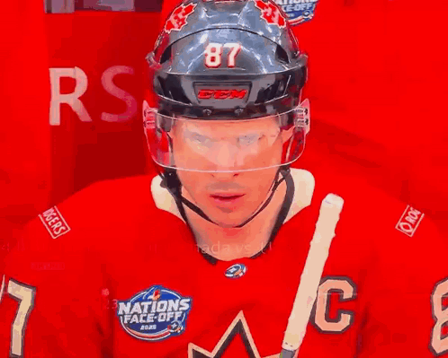 A Hockey Player Wearing A Helmet That Says Ccm On The Front GIF