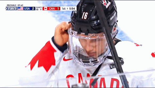 A Hockey Player Wearing A Helmet With The Number 16 GIF