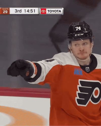 A Hockey Player Wearing A Jersey That Says Flyers Is Pointing At The Camera GIF