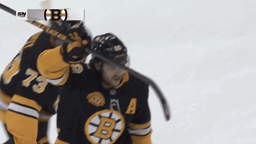 A Hockey Player Wearing A Jersey With The Letter B On The Front GIF