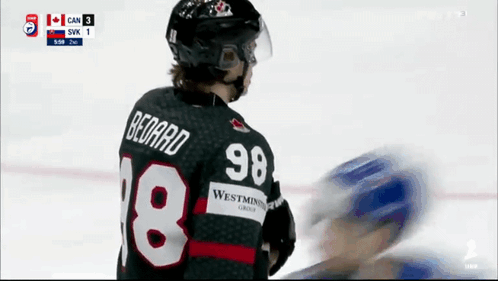 A Hockey Player Wearing A Jersey With The Number 98 On It GIF