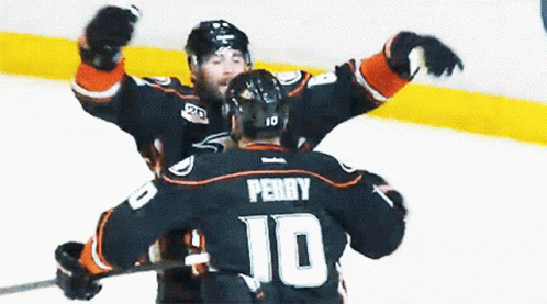 A Hockey Player Wearing A Number 10 Jersey Is Hugging Another Player GIF