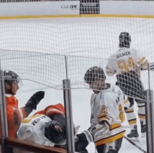 a hockey player wearing a number 84 jersey stands behind a fence