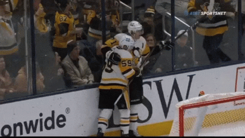 A Hockey Player Wearing Number 59 Hugs Another Player GIF