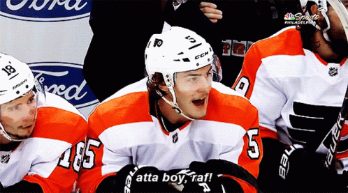 A Hockey Player With The Number 105 On His Jersey Says Atta Boy GIF