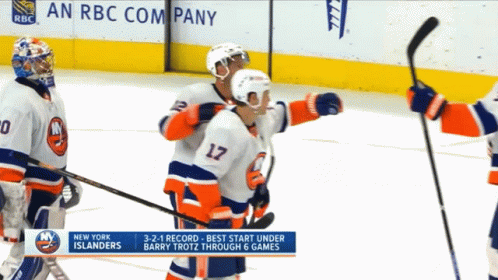 A Hockey Player With The Number 17 On His Jersey Is Being Congratulated By His Teammates GIF