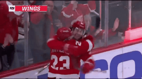 A Hockey Player With The Number 23 On His Jersey Hugging Another Player GIF