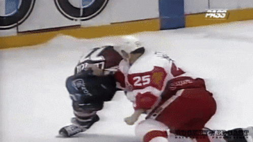 A Hockey Player With The Number 25 On His Jersey Is Fighting Another Player GIF
