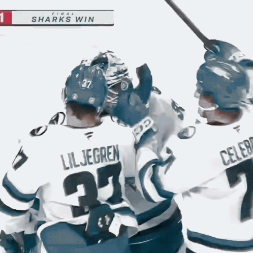 A Hockey Player With The Number 27 On His Back Celebrates A Sharks Win GIF