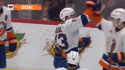 A Hockey Player With The Number 3 On His Jersey Is Celebrating A Goal GIF