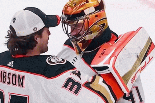 A Hockey Player With The Number 3 On His Jersey Is Hugging Another Player GIF