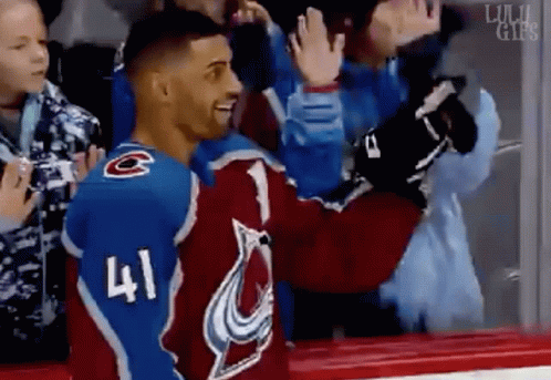 A Hockey Player With The Number 41 On His Jersey Is Giving A High Five To A Fan . GIF