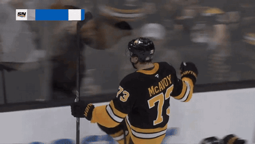 A Hockey Player With The Number 73 On His Jersey Is Holding A Stick GIF