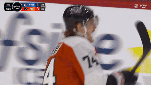 A Hockey Player With The Number 74 On His Jersey Is Holding A Hockey Stick GIF