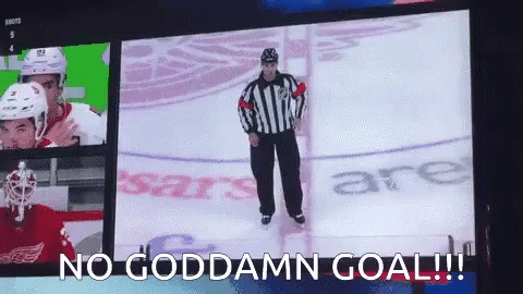A Hockey Referee Stands On The Ice In Front Of A Screen That Says No Goddamn Goal !!! GIF