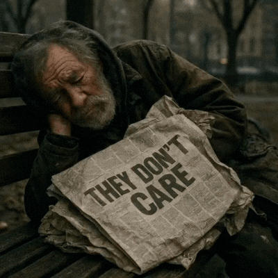 A Homeless Man Sleeping On A Bench With A Newspaper That Says They Don 'T Care GIF