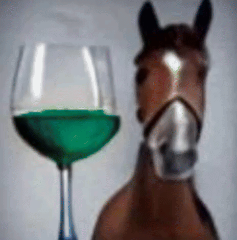 A Horse Is Standing In Front Of A Glass Of Green Liquid GIF