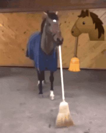 A Horse With A Broom In Its Mouth GIF