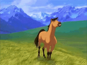 A Horse With Mountains In The Background Is Standing In A Field GIF