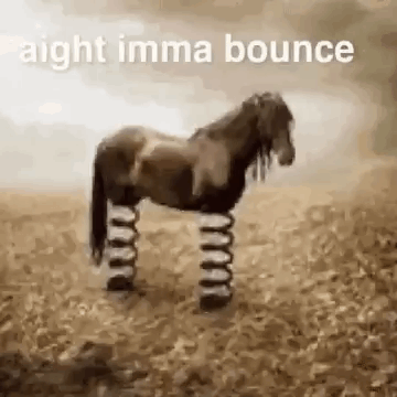 A Horse With Springs On Its Legs Is Standing On A Dirt Field . GIF
