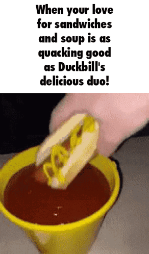 A Hot Dog Is Dipped Into A Cup Of Duckbill Sauce GIF