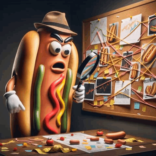A Hot Dog Is Looking Through A Magnifying Glass At A Bulletin Board Full Of Hot Dogs GIF