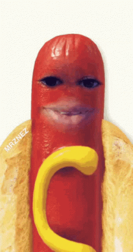 A Hot Dog On A Bun With Mustard And A Face Made Out Of It GIF