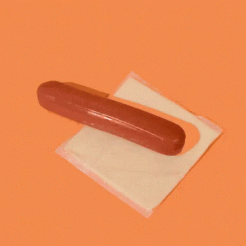 a hot dog sitting on top of a slice of cheese